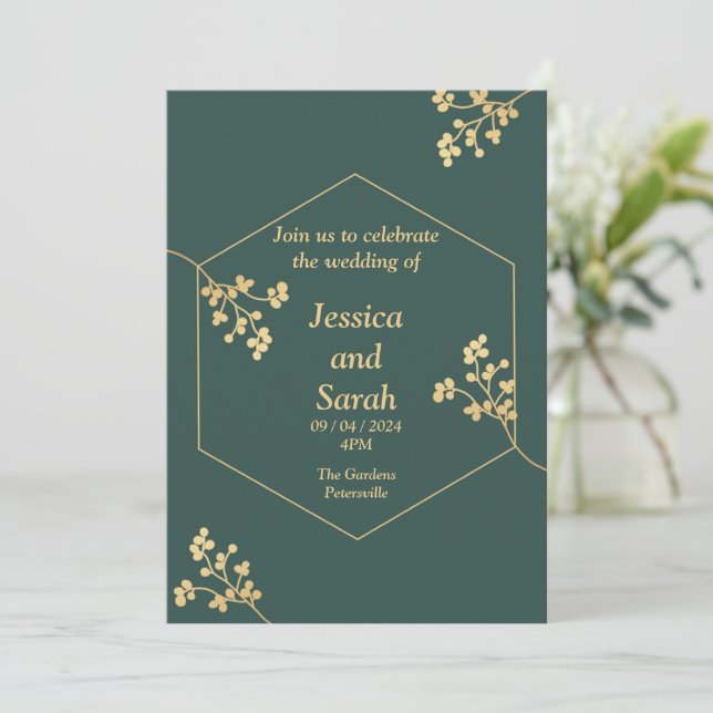 Elegant Wedding Invitation, green, gold, white Invitation (Standing Front)