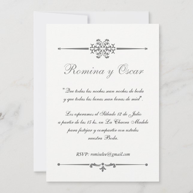 Elegant Wedding Invitation in Spanish. (Back)