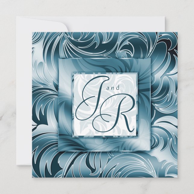 Elegant Wedding Invitation Leaf Floral Silver Teal (Front)