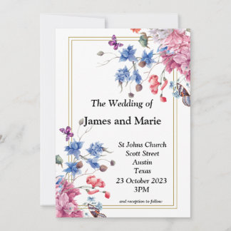 Elegant Wedding Invitation, pink, blue flowers Invitation