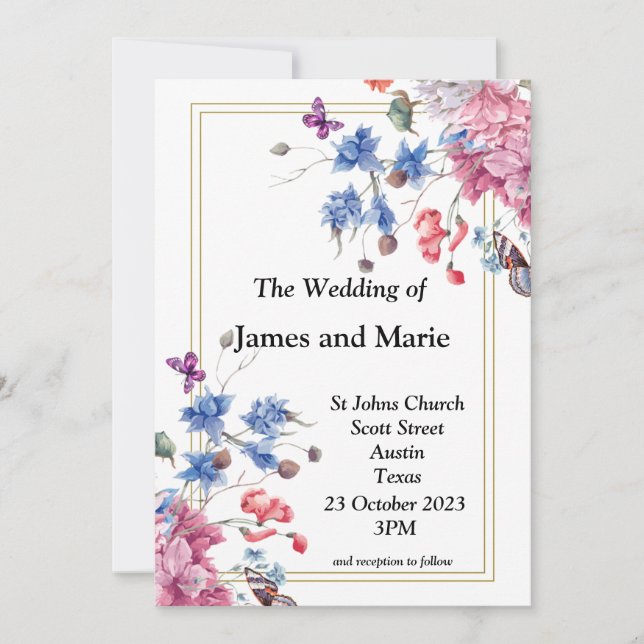 Elegant Wedding Invitation, pink, blue flowers Invitation (Front)
