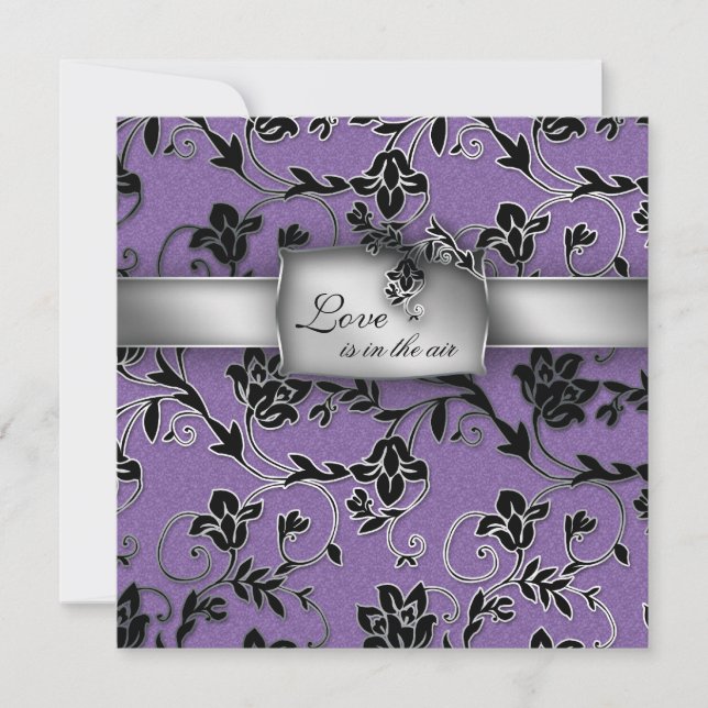 Elegant Wedding Invitation Silver Purple Floral (Front)
