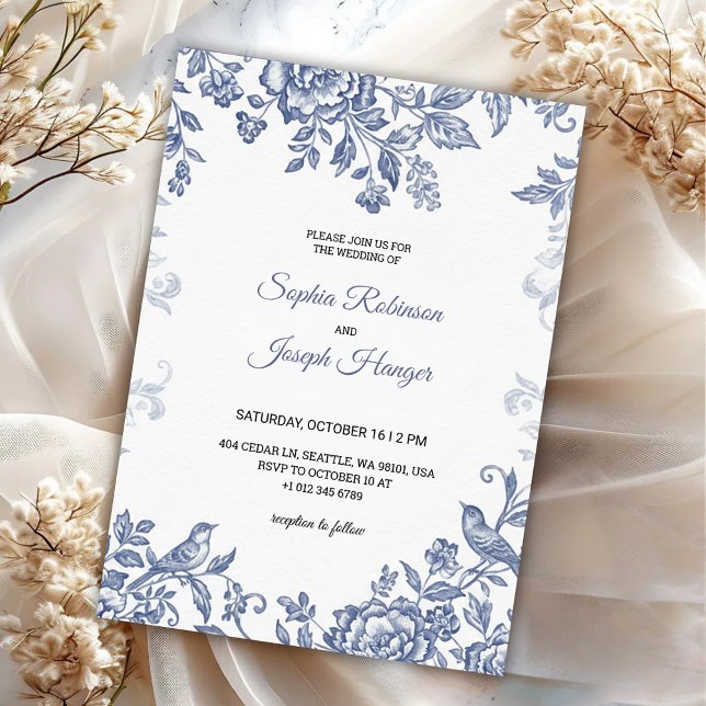 Elegant wedding invitation with blue floral  (Creator Uploaded)