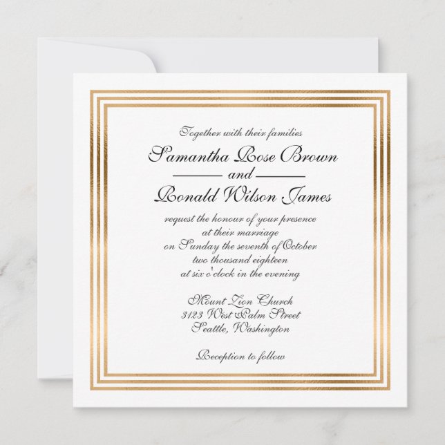 Elegant wedding Invitation with gold foil border (Front)