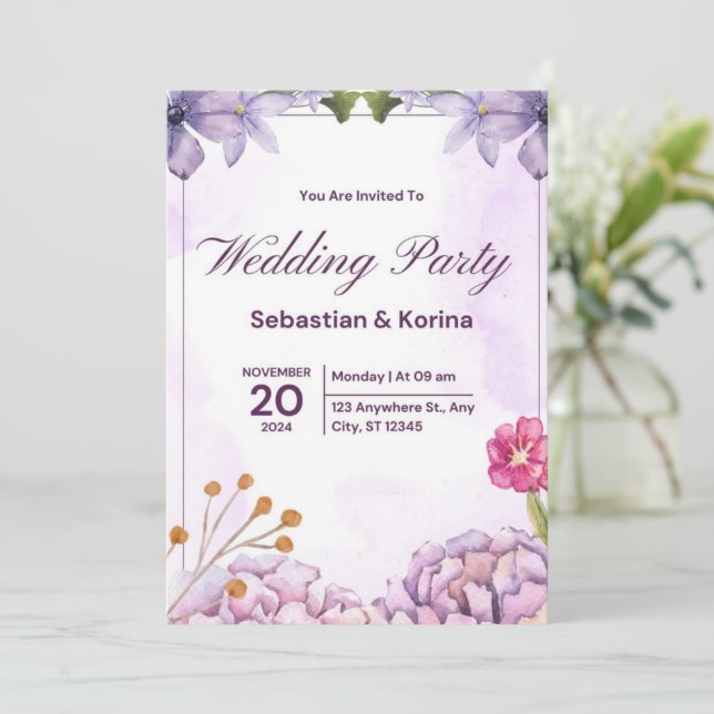 Elegant wedding invitation with purple flowers (Standing Front)