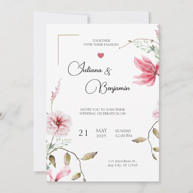 Elegant Wedding Invitation with Romantic Floral Ac (Front)