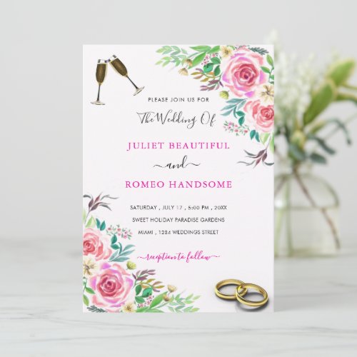 Elegant Wedding Invitation with Roses and Rings