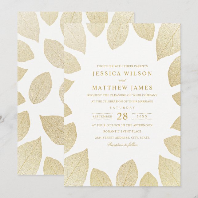Elegant Wedding Invitations Gold Look Fall Leaves (Front/Back)