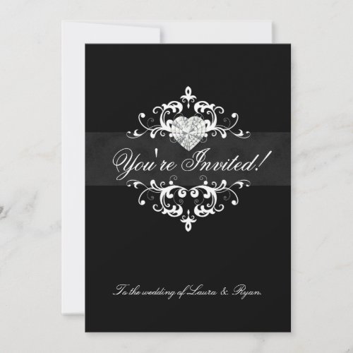 Elegant Wedding Invite Jewel Heart Black White
