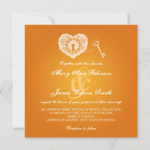 Elegant Wedding Key To My Heart Orange Invitation