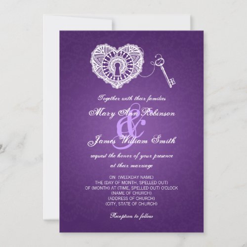 Elegant Wedding Key To My Heart Purple Invitation