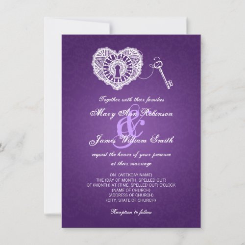 Elegant Wedding Key To My Heart Purple Invitation