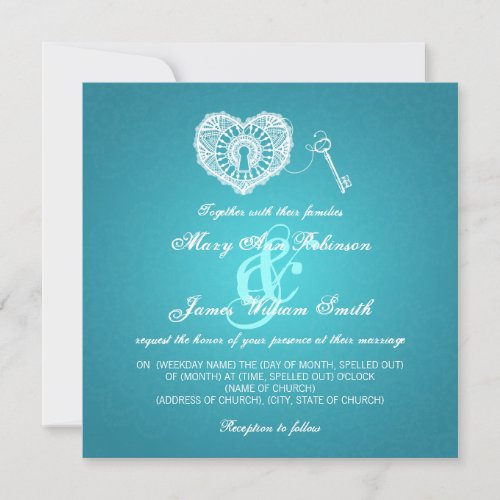 Elegant Wedding Key To My Heart Turquoise Invitation