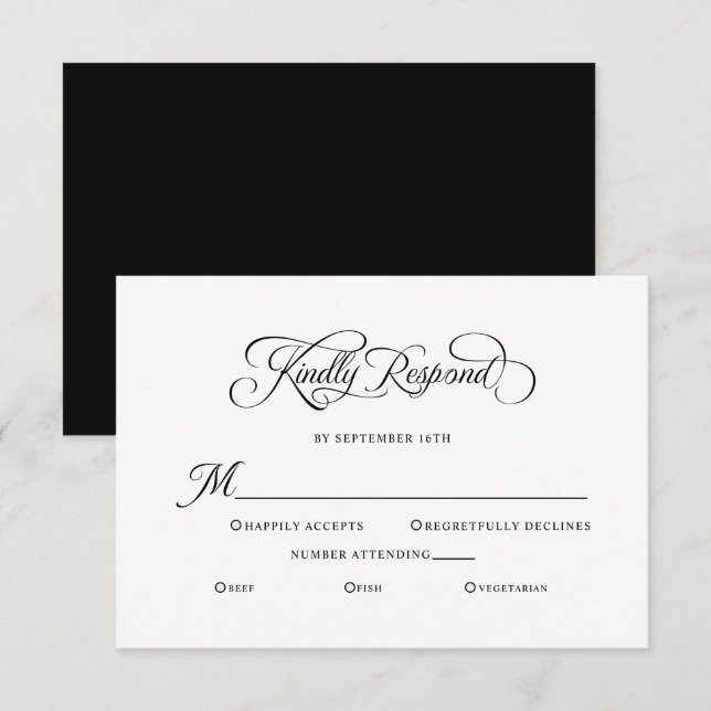 Elegant Wedding Kindly Respond Calligraphy Black RSVP Card (Front/Back)