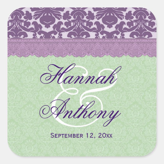 Elegant Wedding Label PURPLE and MINT Damask V02 (Front)