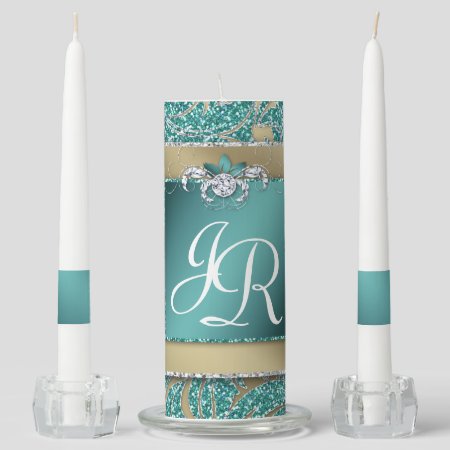Elegant Wedding Leaf Floral Teal Sparkle Unity Candle Set