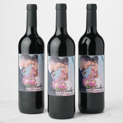 Elegant Wedding Love and Thanks Photo Blk Wine Label