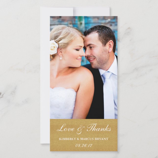 Elegant Wedding Love and Thanks Photo Card / Gold (Front)