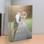 Elegant wedding love gold script Mr and Mrs custom Photo Block<br><div class="desc">Personalize this photo block with bride and groom's names and wedding date and place. Could be a perfect keepsake gift for the newlyweds.</div>