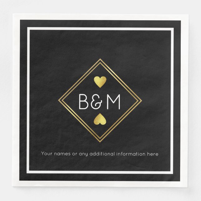 Elegant Wedding Love Monogram Black Paper Dinner Napkins (Front)
