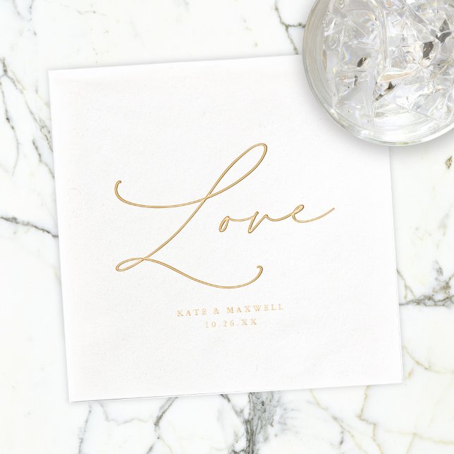 Elegant Wedding Love Script Names & Wedding Date Foil Napkins (Creator Uploaded)