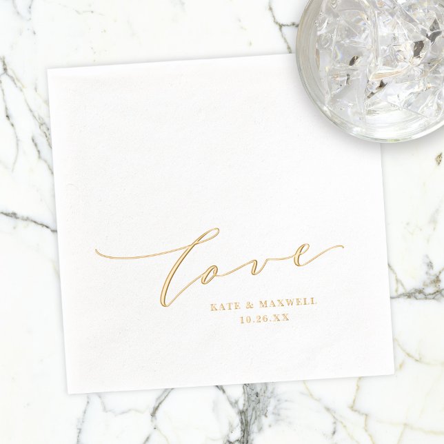 Elegant Wedding Love Script Names & Wedding Date Foil Napkins (Creator Uploaded)