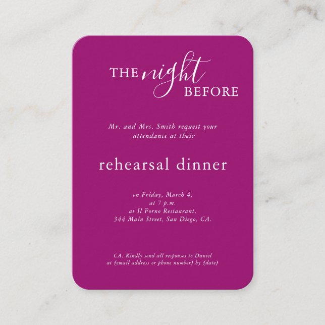 Elegant Wedding Magenta Monogram Rehearsal Dinner Enclosure Card (Front)