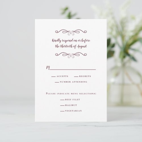 Elegant Wedding Meal Classic Burgundy Delicate RSVP Card