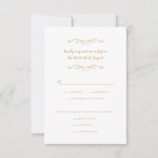 Elegant Wedding Meal White & Gold Minimalist Chic RSVP Card (Front)