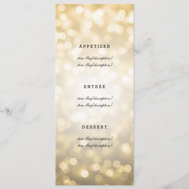 Elegant Wedding Menu Gold Glitter Lights (Front)