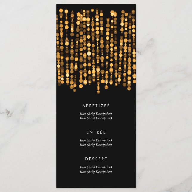 Elegant Wedding Menu Modern Gold Lights (Front)