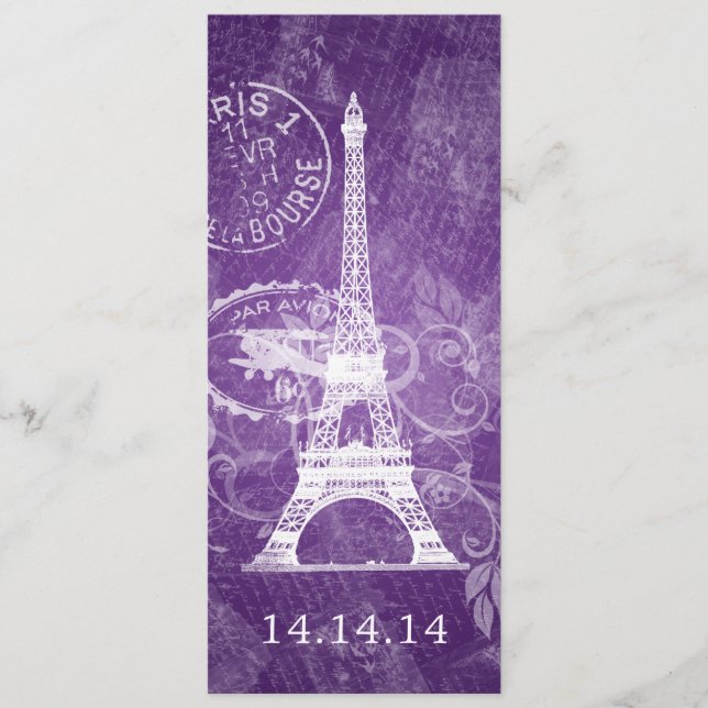 Elegant Wedding Menu Romantic Paris Purple (Front)