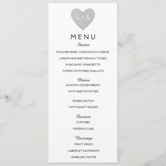 Elegant Wedding Menu silver heart initials (Front)