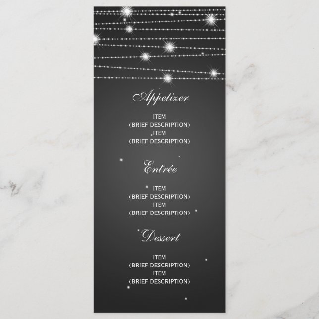Elegant Wedding Menu Sparkling Lines Black (Front)