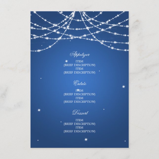 Elegant Wedding Menu Sparkling String Blue (Front)
