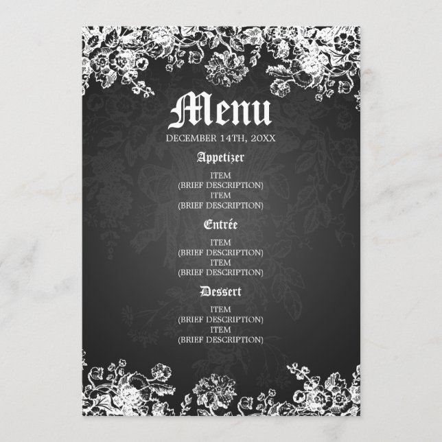 Elegant Wedding Menu Victorian Flourish Black (Front)