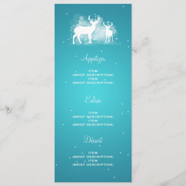 Elegant Wedding Menu Winter Deer Sparkle Turquoise (Front)