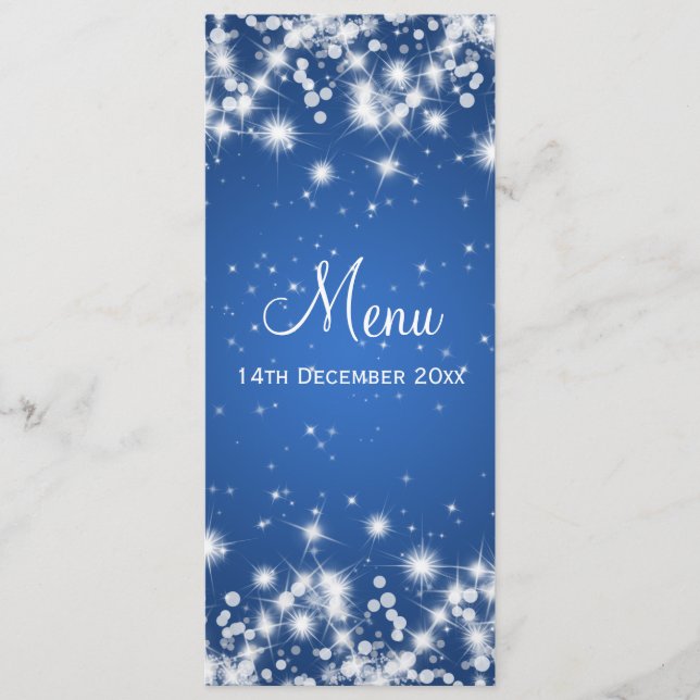 Elegant Wedding Menu Winter Sparkle Blue (Front)