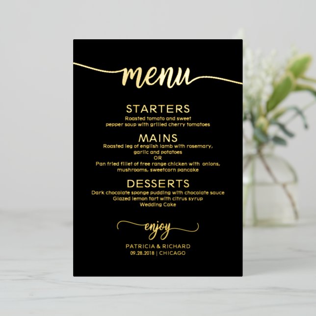Elegant Wedding Menus Black Gold Foil Invitation (Standing Front)