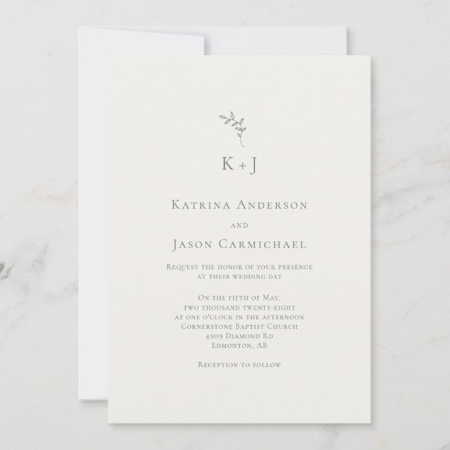 Elegant Wedding Minimal Sage Green Monogram Invitation (Front)