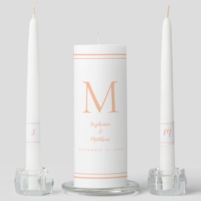 Elegant Wedding Modern Bride & Groom Names Peach Unity Candle Set (Front)