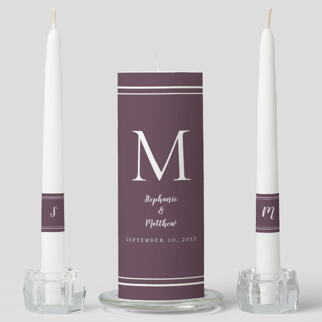 Elegant Wedding Modern Bride & Groom Names Purple Unity Candle Set (Front)