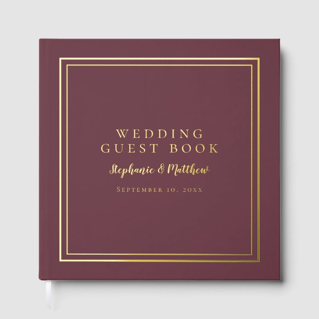 Elegant Wedding Modern Calligraphy Burgundy Gold Foil Guest Book (Front)