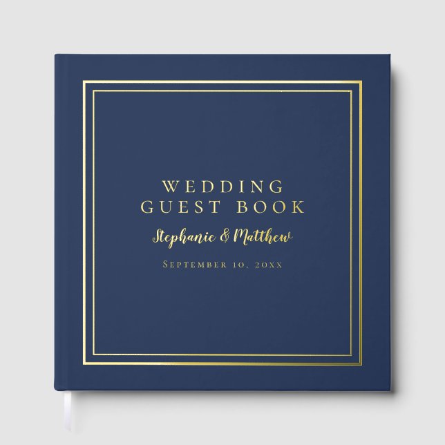 Elegant Wedding Modern Calligraphy Navy Blue Gold Foil Guest Book (Front)