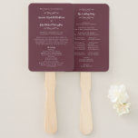 Elegant Wedding Modern Ceremony Program Burgundy Hand Fan<br><div class="desc">Our elegant traditional wedding ceremony program features a romantic formal classic design. Two decorative flourishes each containing a single heart beautifully surround the couple's names on the front of the program and "The Wedding Party" caption on the back. Personalize all details in delicate crisp white lettering and script on a...</div>