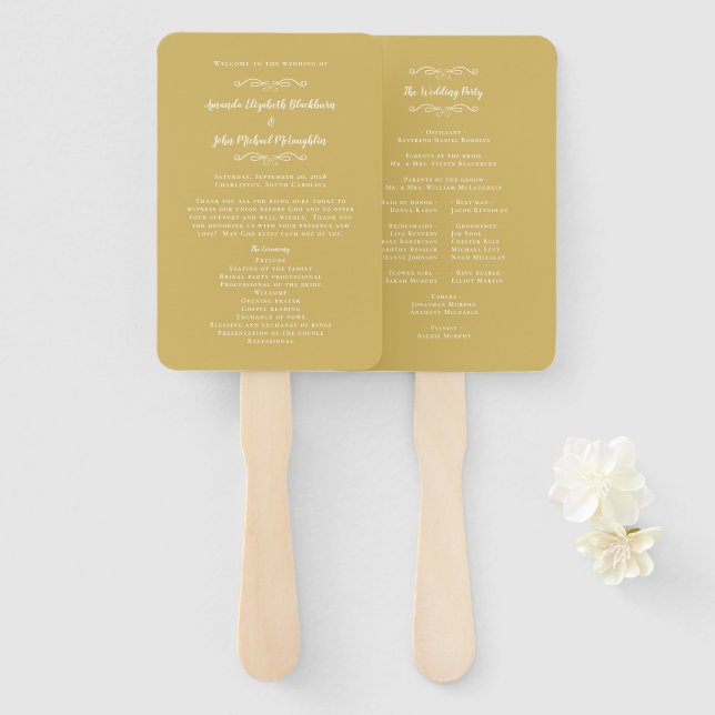 Elegant Wedding Modern Ceremony Program Gold White Hand Fan (Front and Back)
