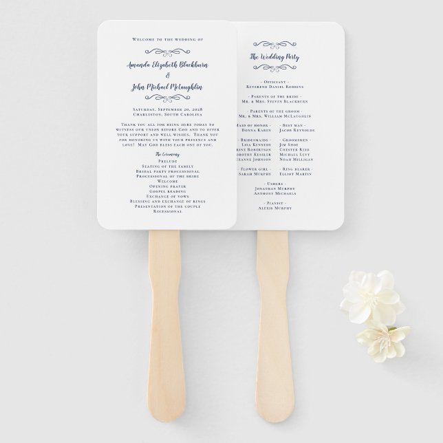 Elegant Wedding Modern Ceremony Program Navy Blue  Hand Fan (Front and Back)