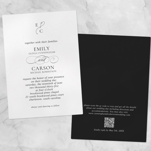 Elegant Wedding Modern Monogram Logo QR Code Black Invitation