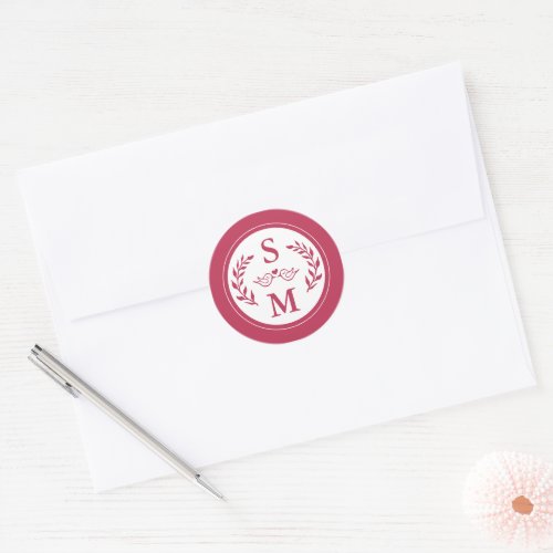 Elegant Wedding Modern Monogram Magneta Red Favor Classic Round Sticker