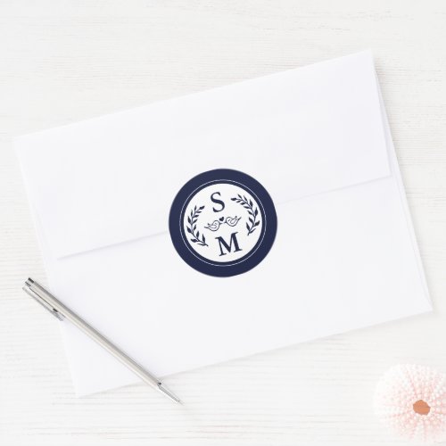 Elegant Wedding Modern Monogram Navy Blue Favor Classic Round Sticker
